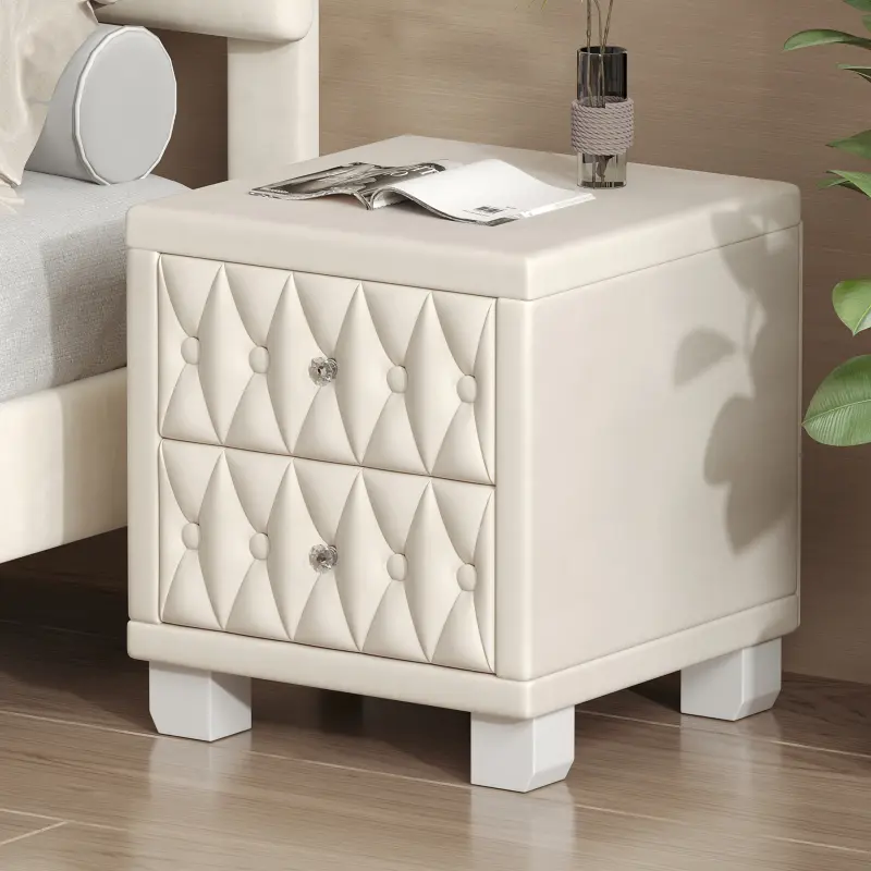 Beige Soft Velvet Modern Bedside Table Cabinet - 2-Drawer Button-Tufted Small Spaces Furniture with Crystal Knob Shine, Solid Wood Frame, 18.1"x18.1"x20" Storage, Bedroom Decor, Some Assembly Required