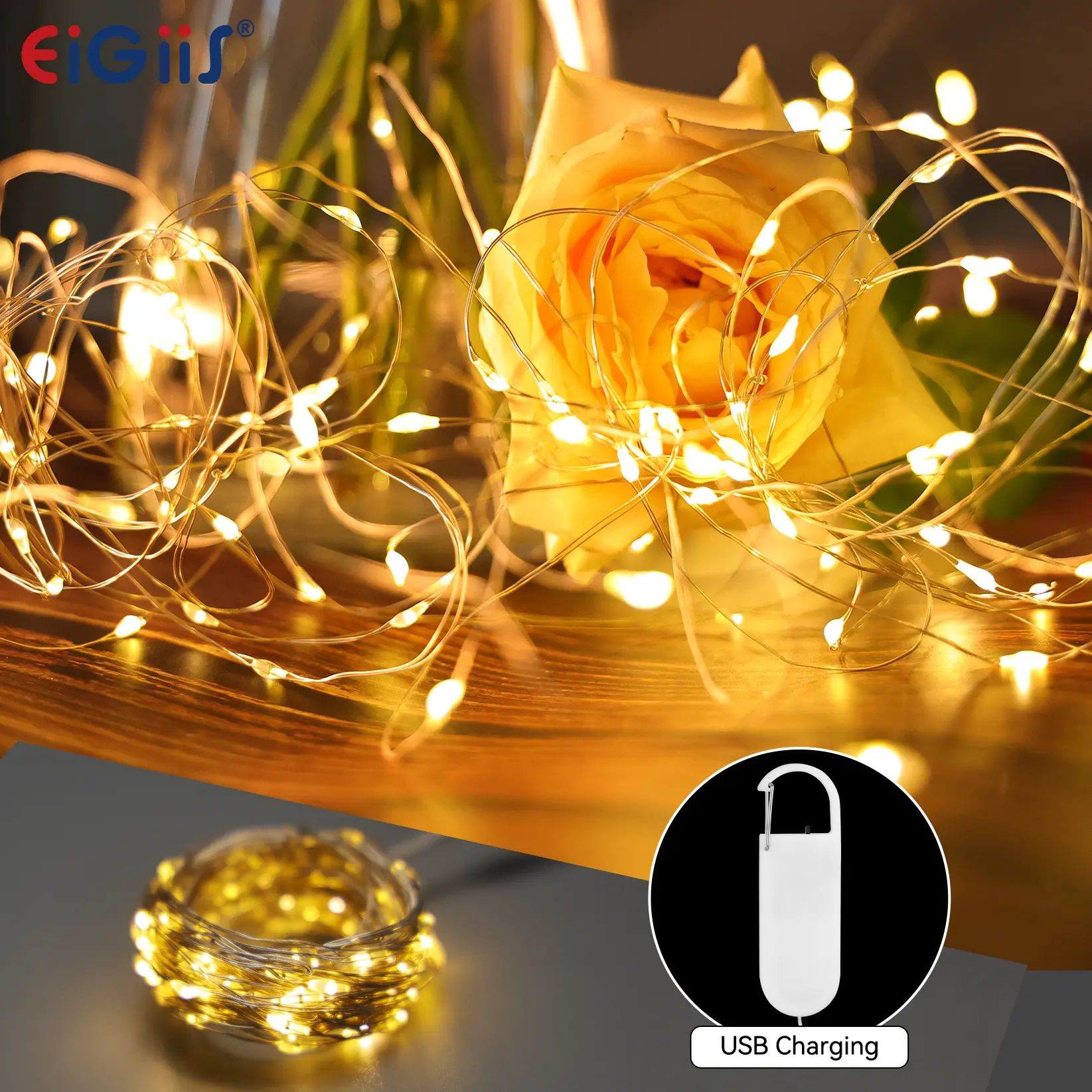 Rechargeable Fairy String Lights with Hooks (Warm White), 32.8ft 100LED Battery Powered Waterproof Silver Wire Firefly Lights, Portable Hanging Twinkle Lights for DIY Bedroom Christmas Wedding Party Decor Centerpiece