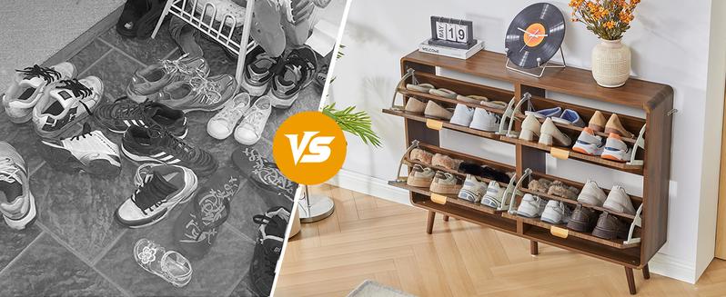 Giratree Shoe Storage Cabinet for Entryway with 2 4 Flip Drawers, Freestanding Narrow Wood Shoe Cabinet with Wave Panel, Hidden Shoe Organizer for Foyer, Hallway