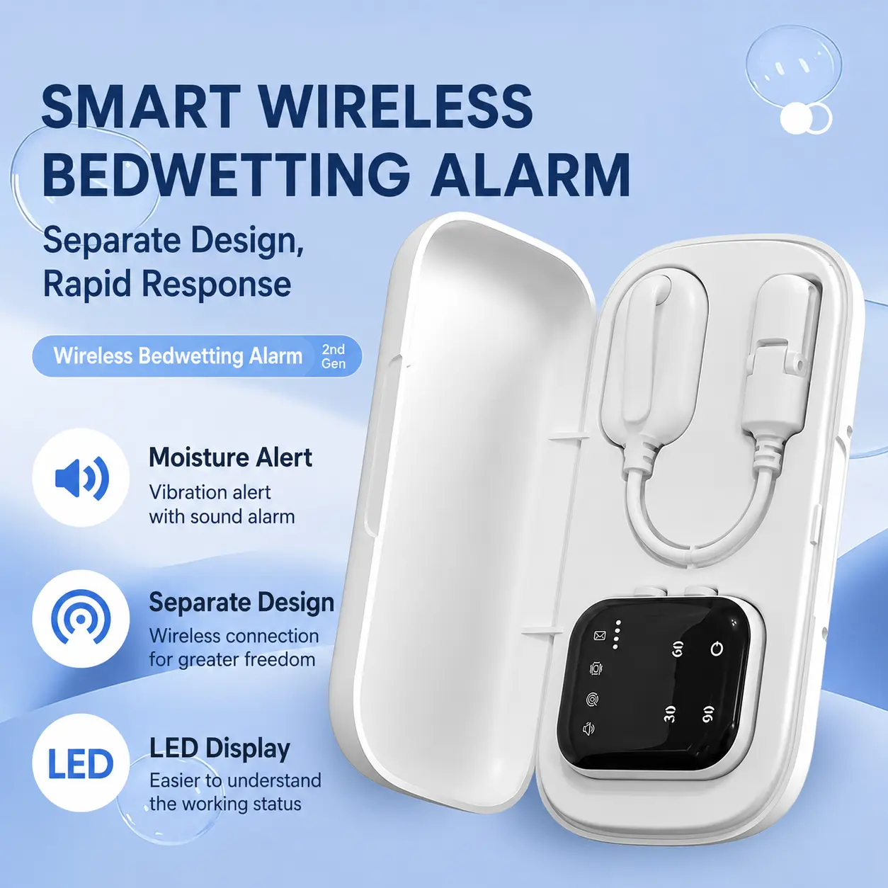 Rechargeable Wireless Kids' Bedwetting Alarm - ABS Plastic Smart Moisture Sensor, USB-C Charge, Sound-Vibration Alerts System, LED Display Screen, Travel-Ready Charging Case (Smart Home Monitoring Device)