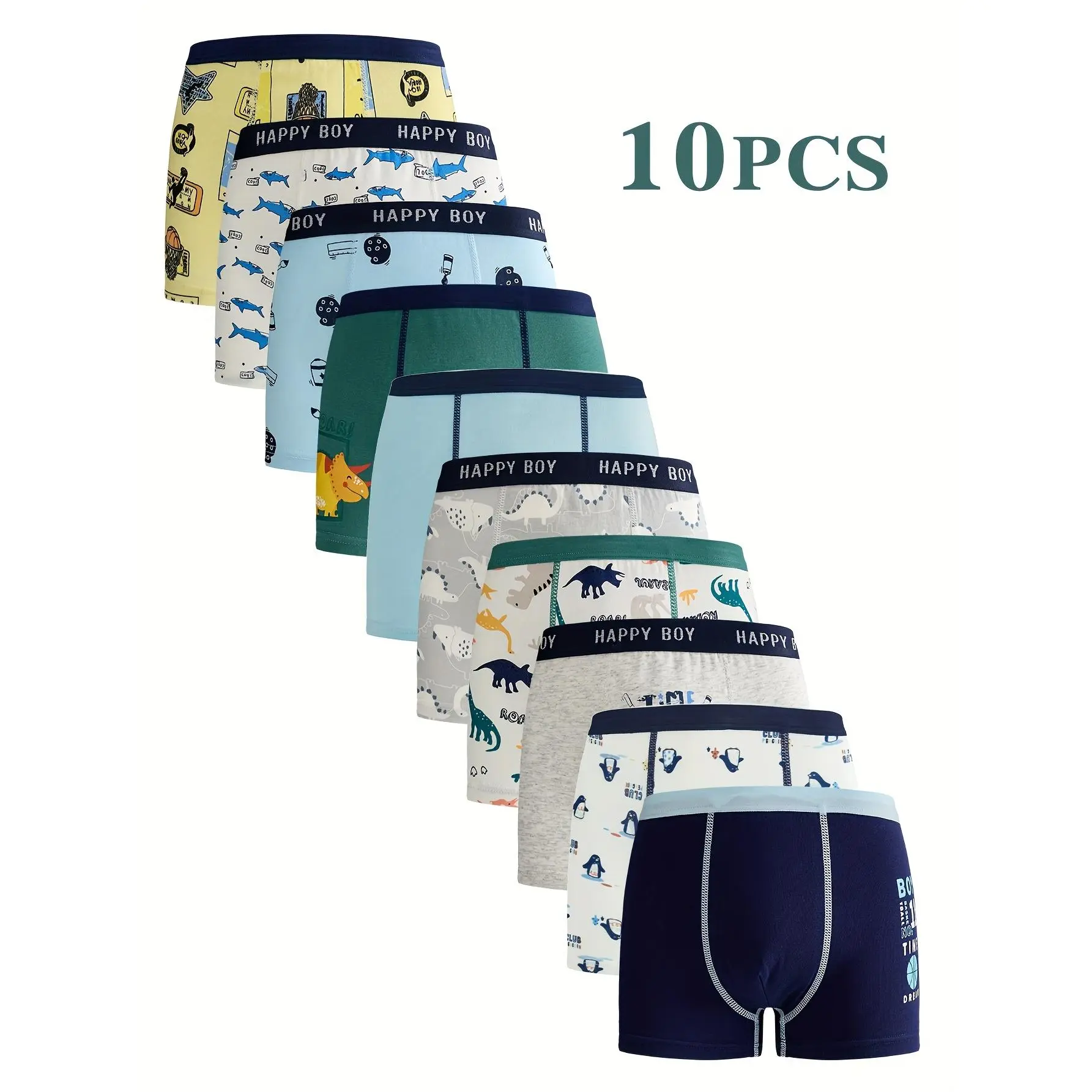 Boys' 10pcs Graphic Boxer Briefs (3-15 Years, 4-5y, 5-6y, 11-12y, 13y) - Breathable Stretch Waistband, Durable Construction, All-Season Comfort, Cute Cartoon, Dinosaur, Floral, Camouflage, Striped, Plaid Prints