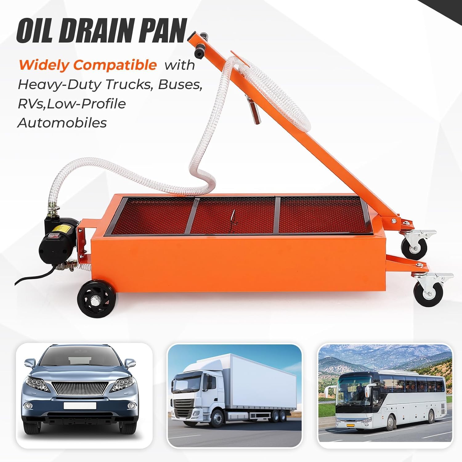 15/20GAL Oil Drain Pan with 110V Electric Pump, Metal Oil Change Pan Cart with 8FT Hose and Folding Handle, Durable and Portable for Cars SUVs Trucks Buses RVs, Orange 15/20GAL Oil Drain Pan with 110V Electric Pump, Metal Oil Change Pan Cart with 8FT Hose and Folding Handle, Durable and Portable for Cars SUVs Trucks Buses RVs, Orange