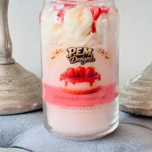 P.E.M. Designs Strawberry Cheesecake Dessert Candle 16oz Soy Intense Scent Burns 40 Hours Food Scented
