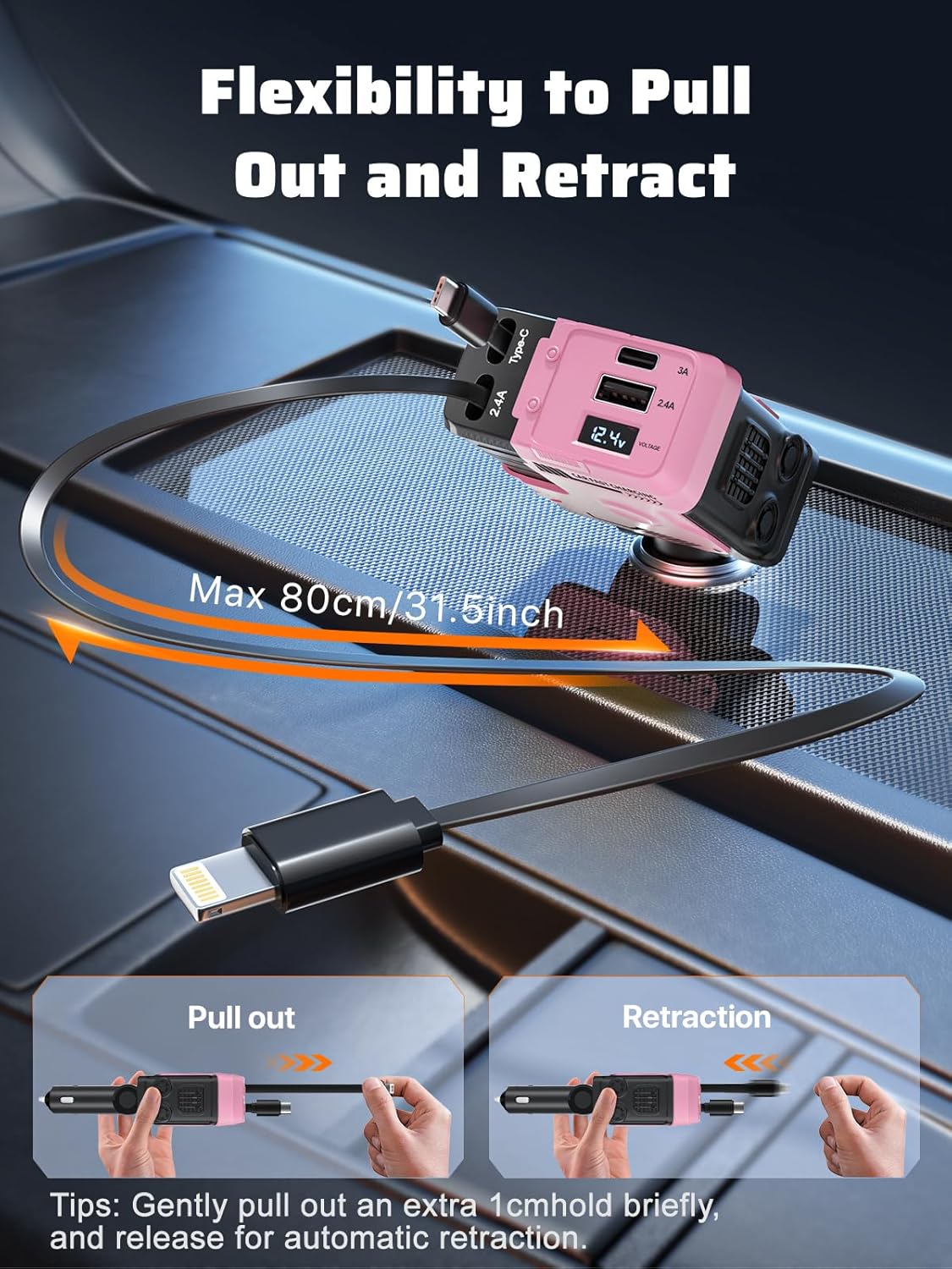 【New Airfreshener Starlight In Car Roof】5 in 1 Car Charger, Car Air Freshener with High Speed USB C Adapter with Lightning Cable & Charge Port for iPhone & Android Phone, Retractable Car Charger, Comes with 3 Bottles of Fragrance, Car Accessories