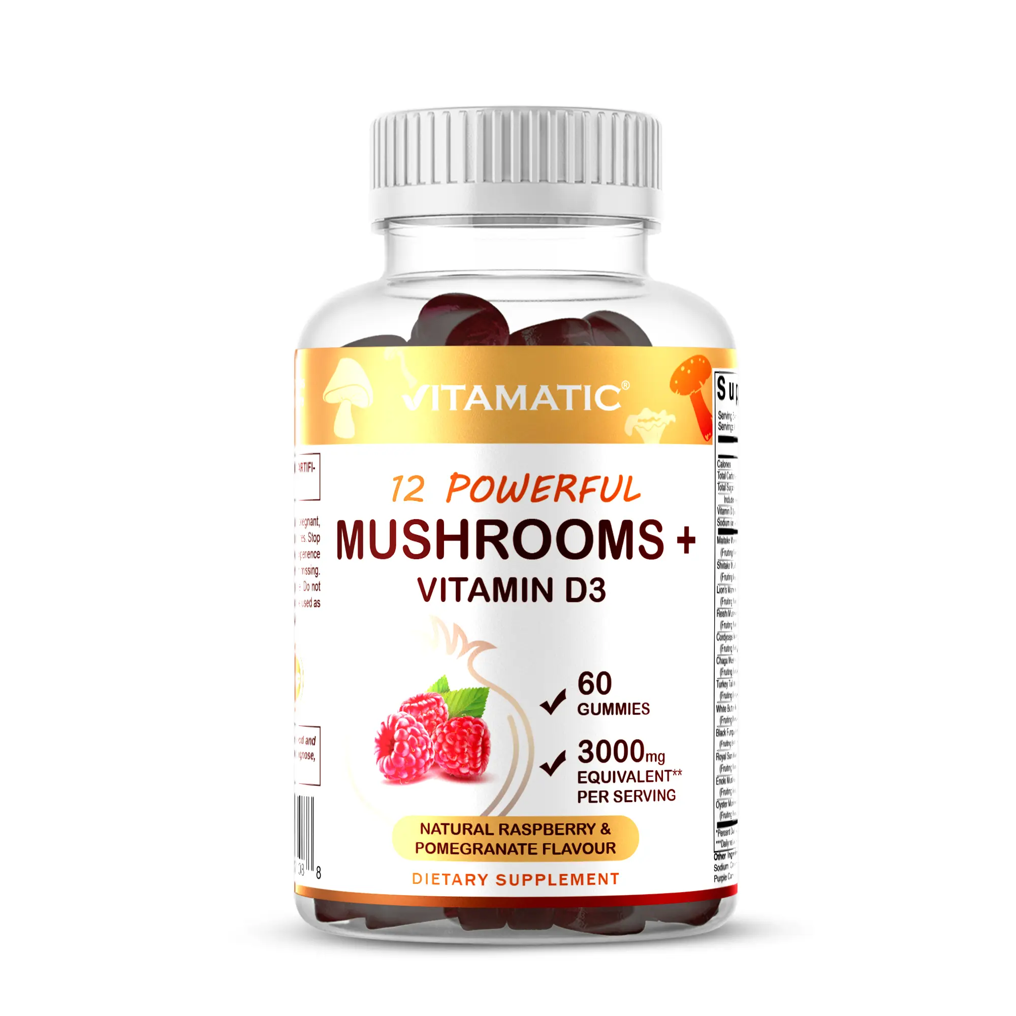Vitamatic Adaptogenic Functional Mushrooms & Vitamin D3 Chewable Gummies - 12 Powerful Varieties, 3000 mg Equivalent per Serving, Raspberry Pomegranate Flavor, 60 Gluten Free Pectin-Based Supplements for Adults' Immune Boost, Bone Health, Healthcare, Adap