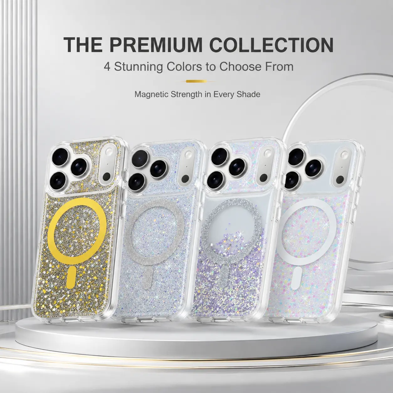 NICESTCASE Customized Magnetic Flash Powder Epoxy Resin Phone Case for iPhone, TPU-Polycarbonate Transparent Durable Protective Phone Cover, 1.5m Drop Protection Glam Accessory, Resists UV Yellowing, 3D Shimmering Effect & Tempered Glass Screen Protector,