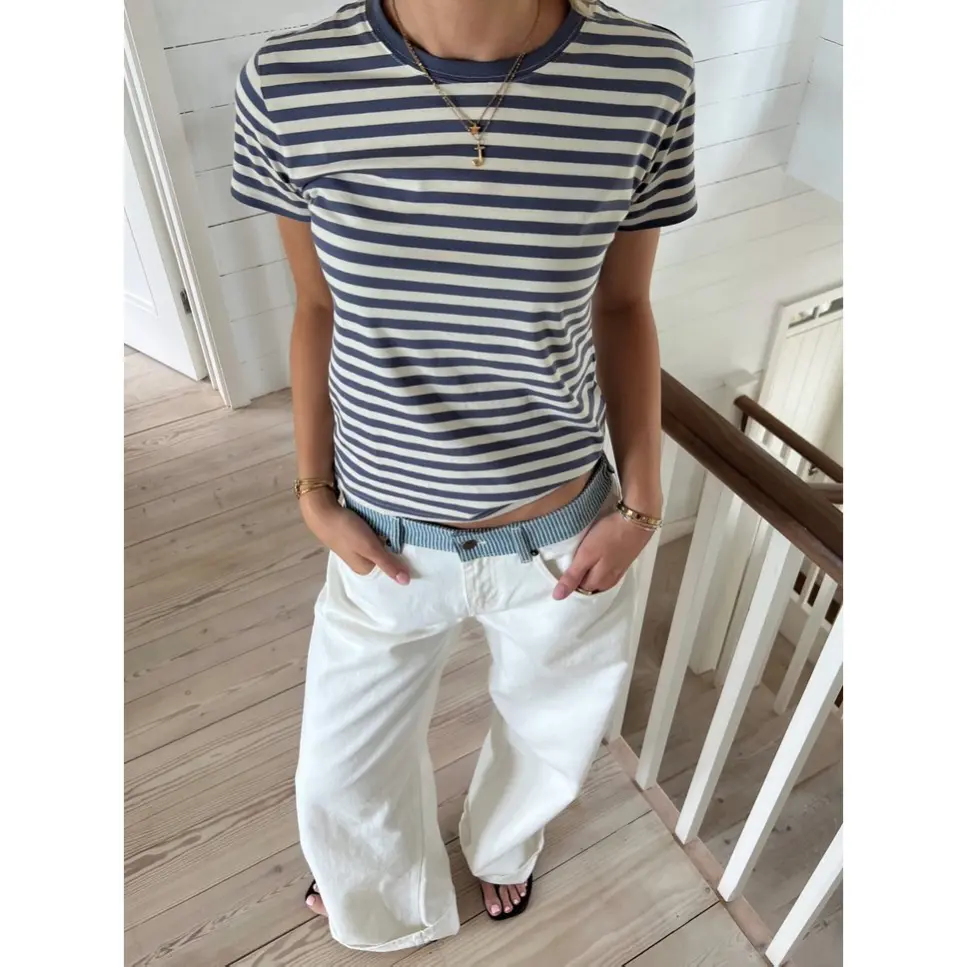White Jeans with Blue Stripes Waistband With Poppers at the Side of the  Waistband Straight Cigarette Pants Loose and Comfortable Women's Bottoms