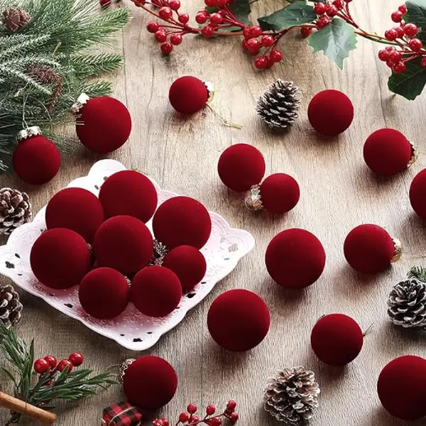 40 Pcs Flocked Velvet Christmas Ball Ornament Set, Shatterproof Neutral Plastic Hanging Decor for Xmas Tree, Bulk Pack Festive Home Supplies Gifts, Flocked Finish, Rustic Look, Metal