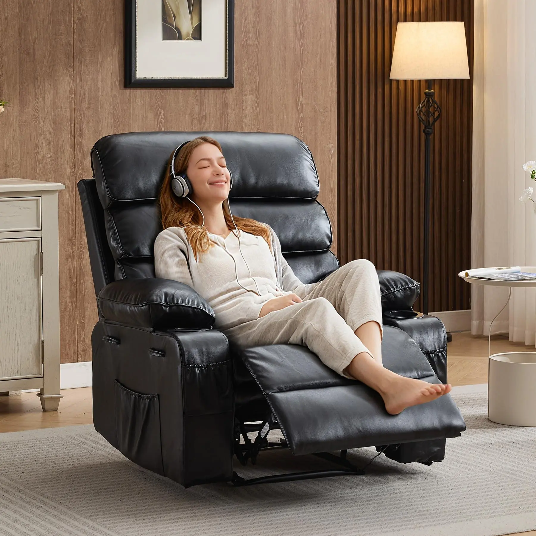 Black PU Leather Extra Wide Dual-Motor Power Recliner Adjustable Sleeper Chair for Adults - Manual & Power Operation, 4-Point Vibration Massage+Heat, 1.5X Sponge Comfort Arm & Back, 350 lb+ Capacity, Elevated Headrest, Relaxing Large Living Room Chair