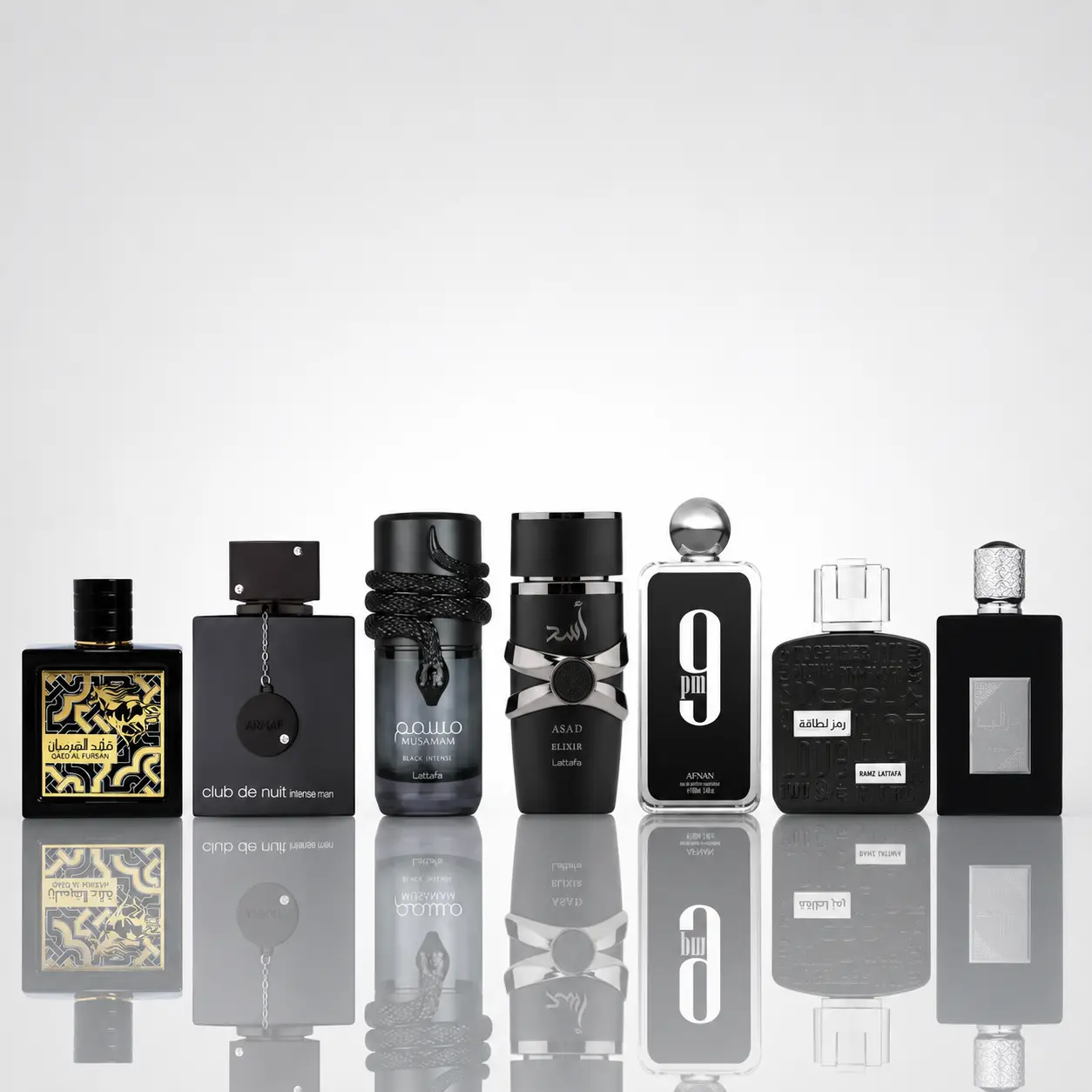 Lattafa Luxurious Men's 7-Piece Full-Size Fragrance Bundle - Middle East Scent Collection for All Seasons (QAED AL FURSAN, CLUB DE NUIT INTENSE, Musamam Black Intense, ASAD ELIXIR, 9 PM Black, RAMZ LATTAFA SILVER, Ameer Al Arab) Luxurious Men's Fragrance