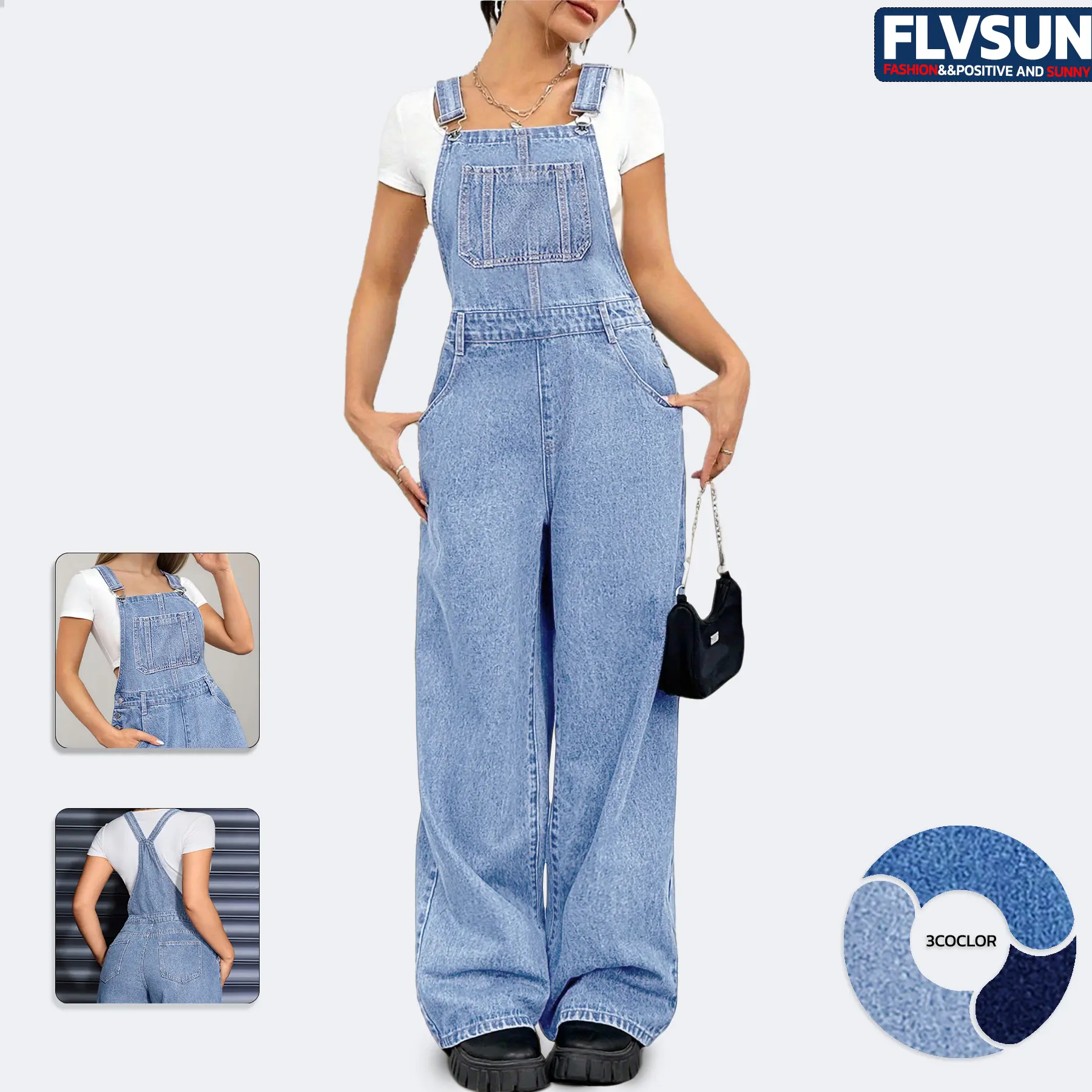 Flvsun Women's Breathable Cotton Denim Overalls - Sleeveless, Adjustable Strap-and-Buckle, Button-Front, Flap Pocket Jumpsuit, High-Waist, Wide Leg, Loose Fit, Basic, Chunky, Cropped, Straight, Customized Casual Wear for Outdoor/Cosplay Women's Clothing,,