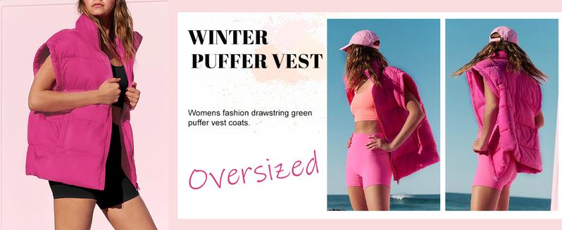 Tanming Womens Spring Oversized Puffer Vest Lightweight Stand Collar Padded Puffy Jackets Coat with Pockets Outerwear Casual Tops