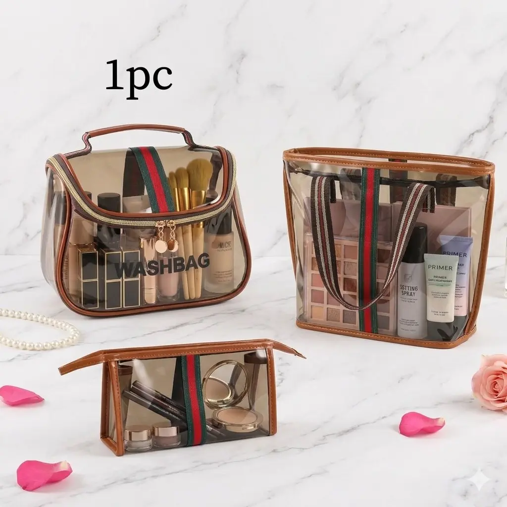 Vintage Luxury Transparent Makeup Bag, Transparent Vanity Bag, Portable Tote Handbag Makeup Organizer Pouch, Multiple Sizes Available for Gym, Swim and Bath Storage, Vintage Cosmetic Bag