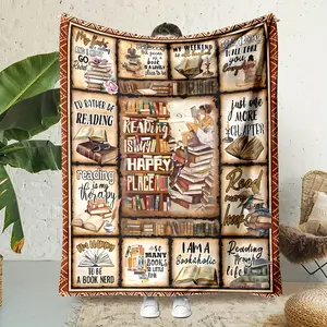 Vintage book lover's flannel blanket, featuring inspiring quotes and a cozy reading design - perfect for creating a warm reading nook, suitable for all seasons, machine washable, in mixed colors, an ideal gift.
