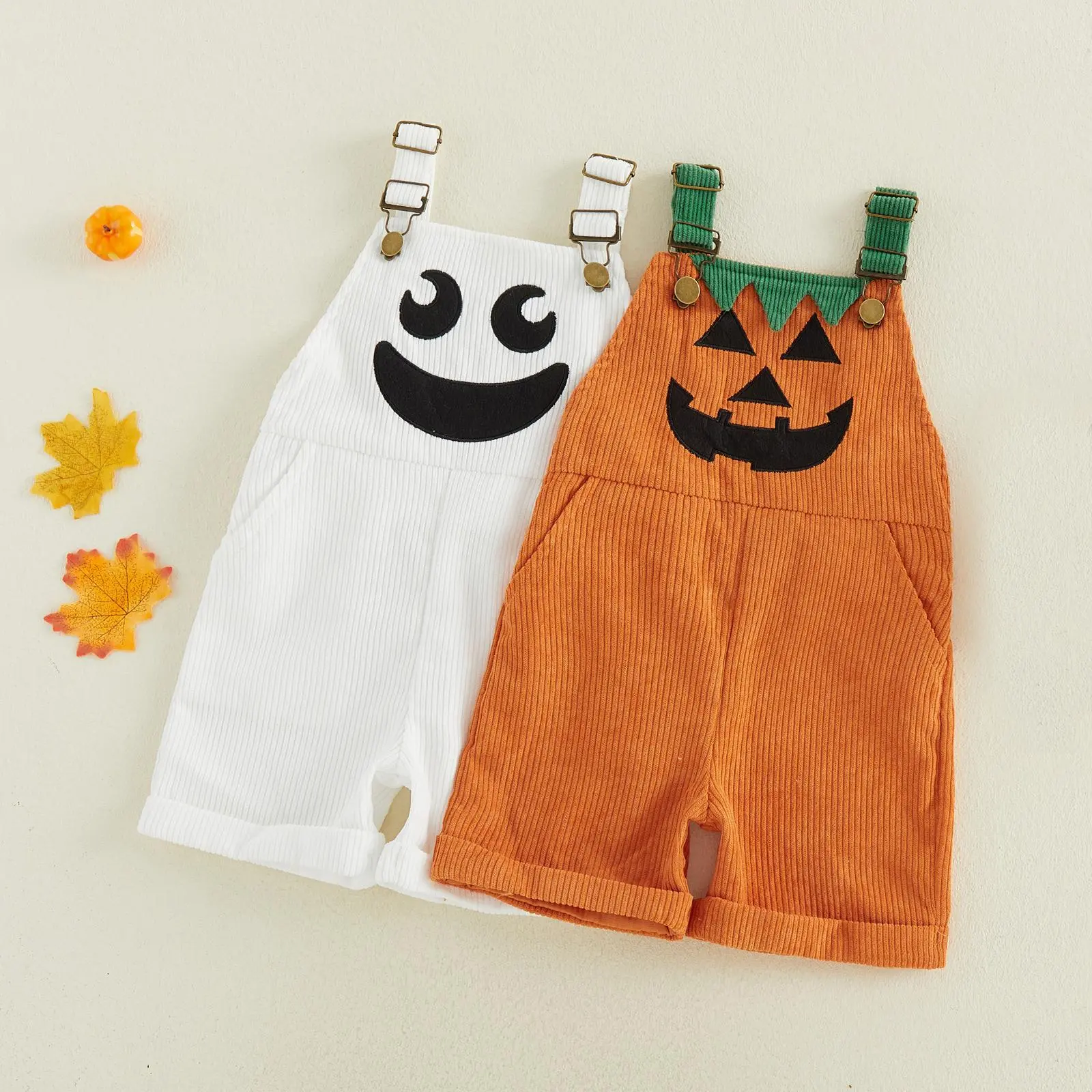 Toddler Corduroy Overalls with Suspenders, Pockets, 2 Ghost/Pumpkin Motifs - Soft Thick Wale, Boy Jumpsuit for Family Gathering, Kindergarten Party Costume