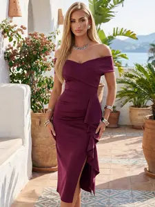 CurvySweet SDK0590A Elegant Sexy Off-Shoulder Bodycon Midi Dress with Side Slit & Ruffle Hem, Built-In Bra — Perfect for Valentine’s Day, Cocktail Parties, Wedding Guests & Evening Events