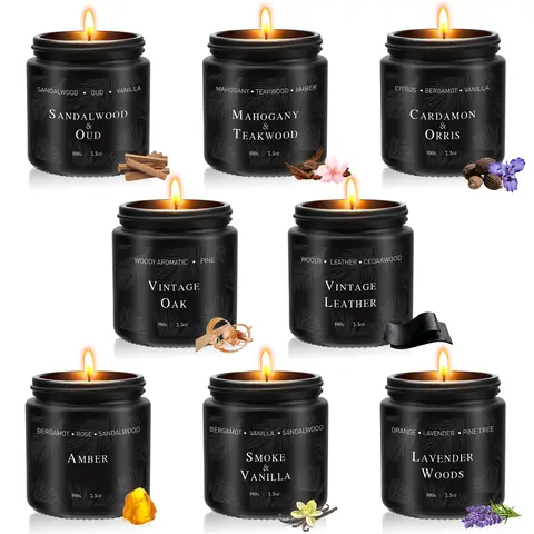 8-Pack Minimalist Woody Cedarwood Aromatic Scent Candle Gift Set - 3.5 oz Long-Lasting Soy Wax Candles with Essential Oils in Black Jars, Boxed for Men, Home Decor & Holiday Gifting (8 Distinctive Scents)