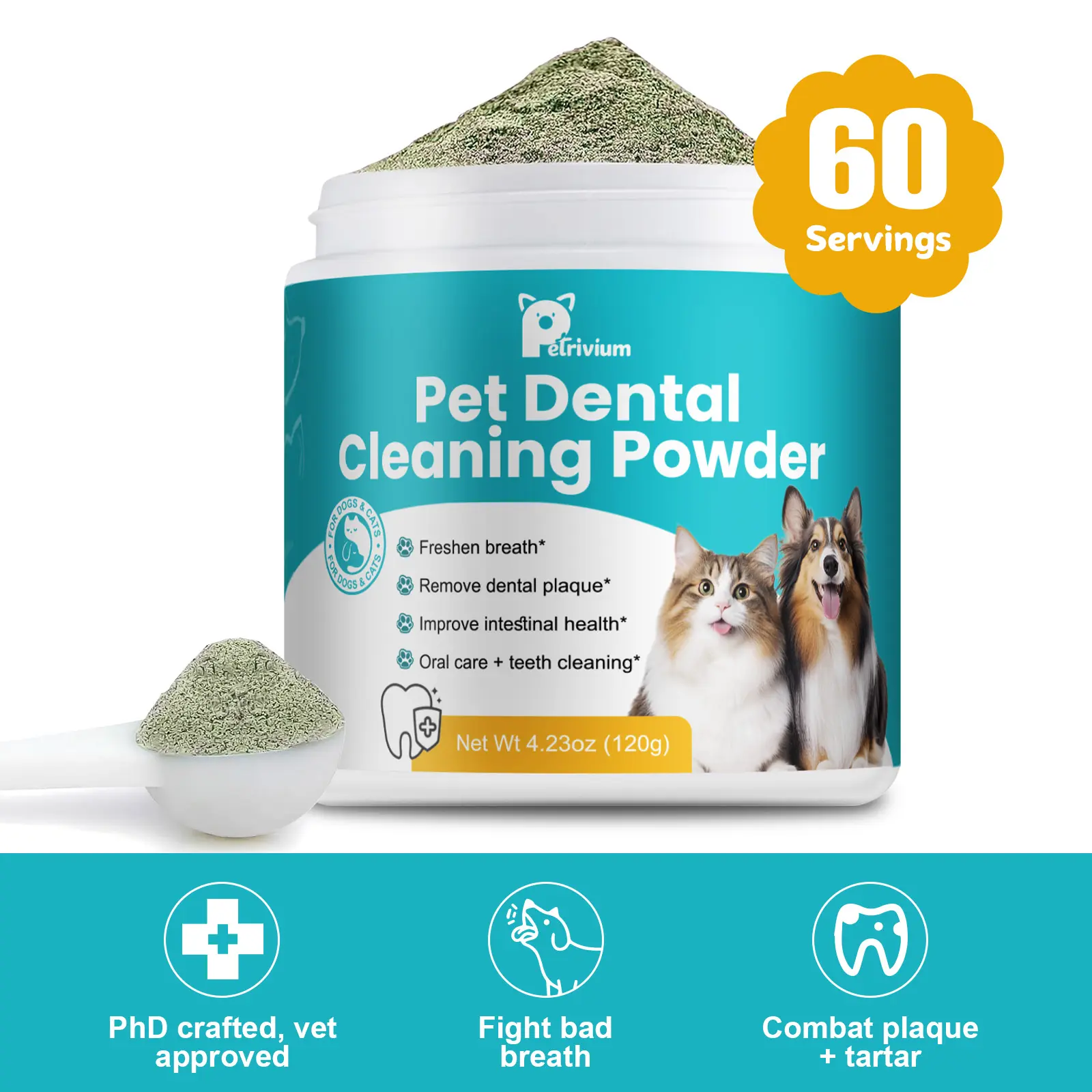 Dog Teeth Cleaning Powder, Dental Powder for Dogs Teeth Cleaning and Breath Fresh, Bad Breath Fresher & Tartar Remover with Enzyme, Probiotics. PlaqueOff Pet Tooth Cleaning 120 Grams