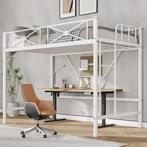 Metal Loft Bed Twin Size, Modern Heavy Duty Loftbeds with Safety Guard Rails & Space-Saving Design, Steel Twin Loft Beds for School, Bedroom, White