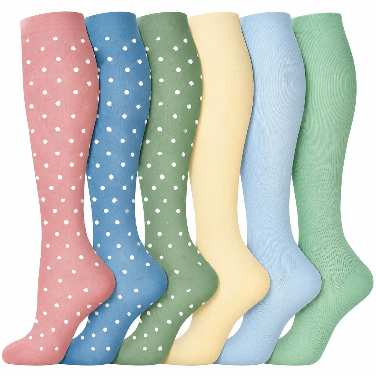 MhzyCaus  6 Pairs Pastel Knee High Socks for Women & Men, Soft Pink Blue Green Polka Dot Tall Socks, Breathable Stretchy Non-Binding Long Socks for Work, Travel & Everyday Wear