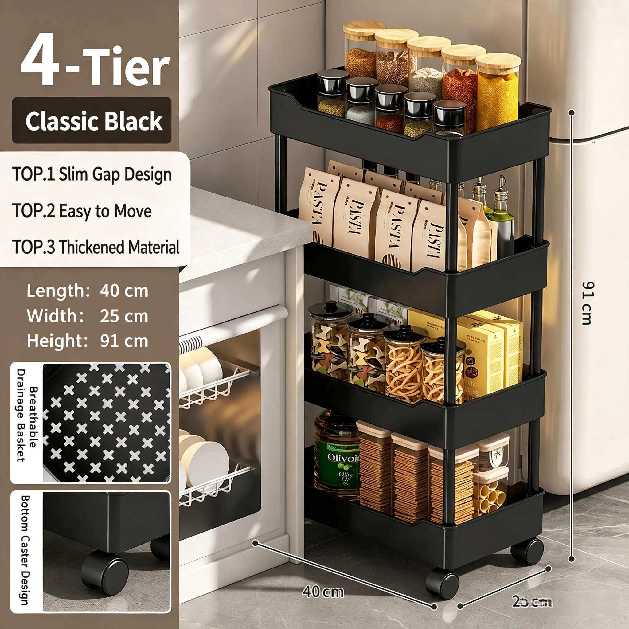 Ultra-thin floor-standing narrow gap bathroom storage rack, no drilling required, multi-tier storage cart for toilet area