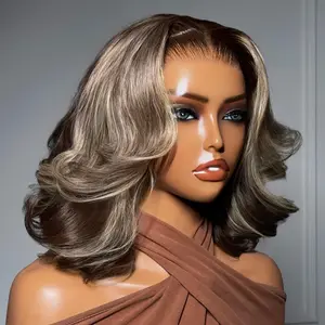 Sunber Dark Brown with Honey Blonde Highlight Layered Cut Bob Wig 13x4 Glueless HD Lace Frontal Human Hair Loose Wave Wig
