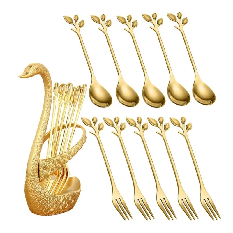 11pcs Golden Finish Stainless Steel Tableware Set - 5 Spoons, 5 Forks, 1 Swan Storage Rack for Home Table, Dessert Party