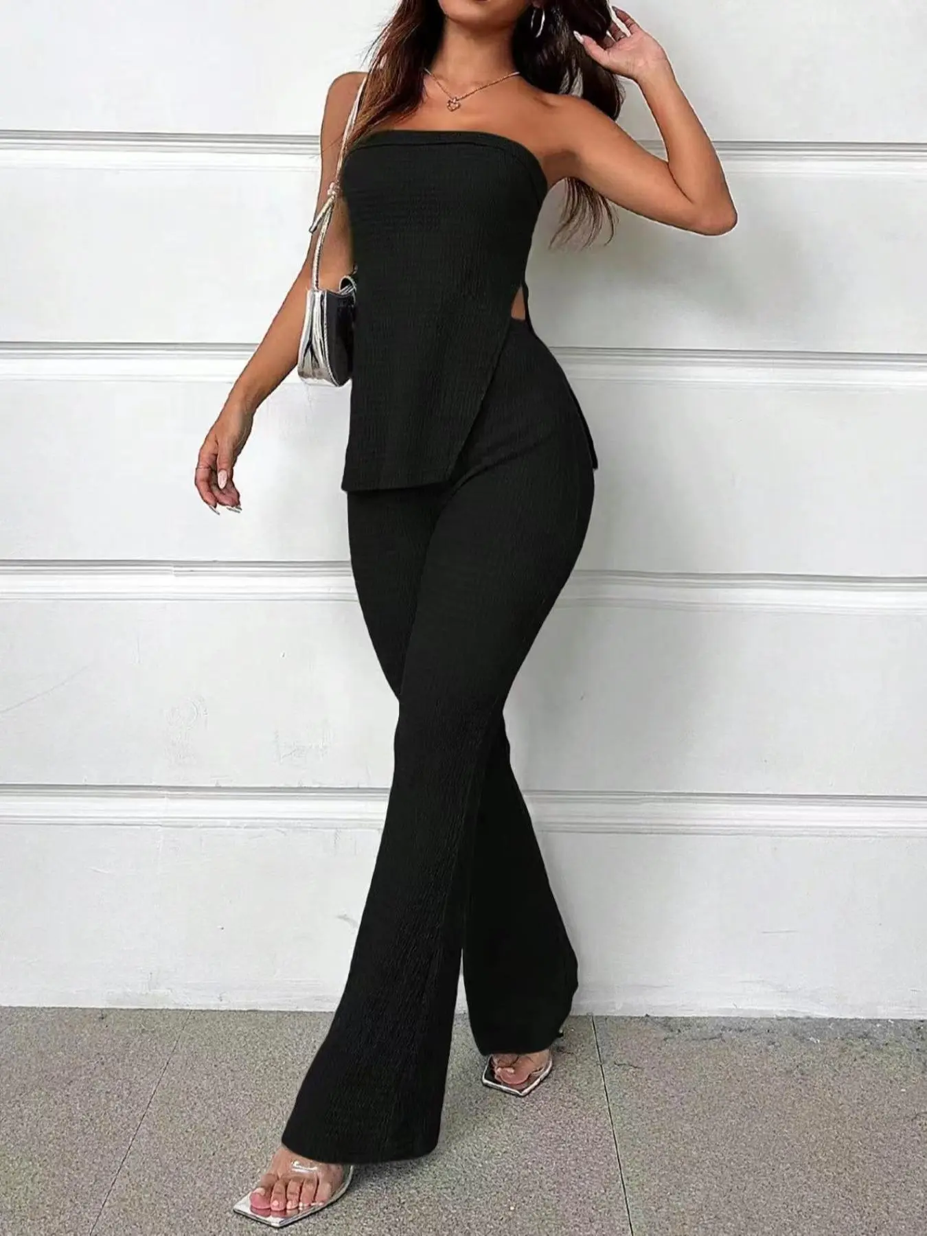 Two-Piece Set Women's Solid Split Hem Strapless Sleeveless Tube Top & High Waist Wide Leg Pants Set, Elegant Fashion Casual Two Piece Outfits for Daily Outdoor Wear, Ladies Clothes for Summer Womenswear