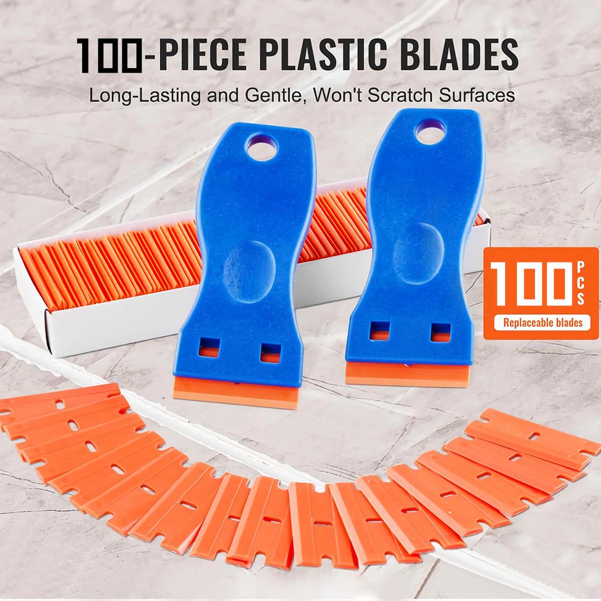 VAYWET Plastic Razor Blade Scraper Tool 2 Scrapers 120PCS Plastic Blades No Scratches Multifunctional Cleaning Shovel Ceramic Hob Scraper for Cleaning Window Glass Floor Door Sticky Residue Tile Wallpaper Decals Labels Caulk Adhesive Paint Glue Removal