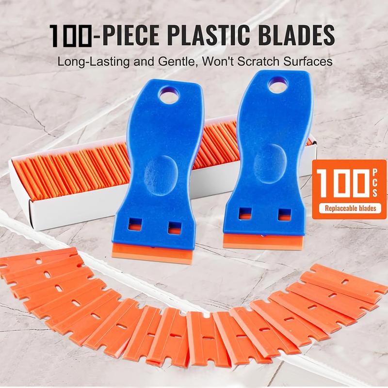 VAYWET Plastic Razor Blade Scraper Tool 2 Scrapers 120PCS Plastic Blades No Scratches Multifunctional Cleaning Shovel Ceramic Hob Scraper for Cleaning Window Glass Floor Door Sticky Residue Tile Wallpaper Decals Labels Caulk Adhesive Paint Glue Removal