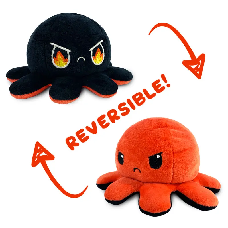 TeeTurtle New Reversible Octopus Plushie - Cute Animal Design, Kawaii Aesthetic, Squooshems Collectible, Huggable Polyester Squishy Doll (Black-Red)
