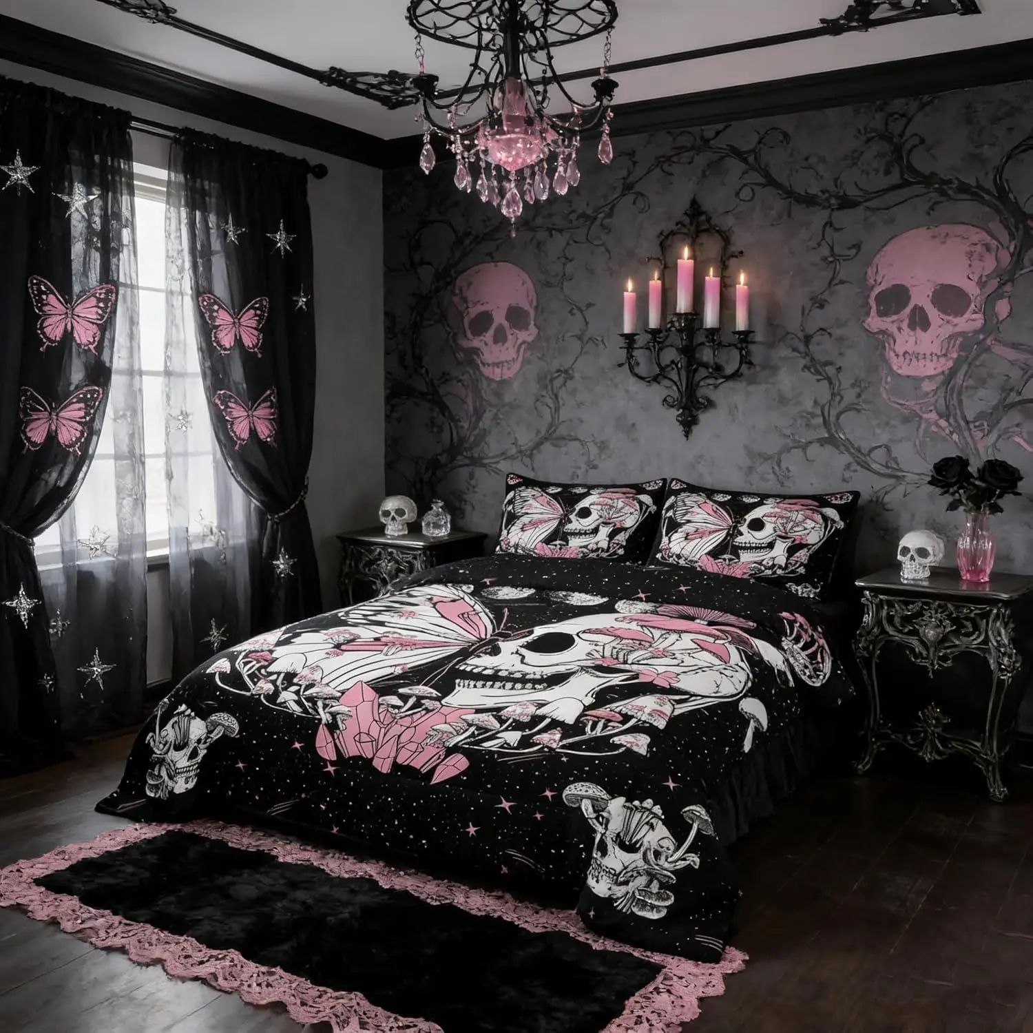 Feelyou Queen Size Polyester Comforter Quilt Bedding Set - Breathable Soft Bedspread Set Queen, Pink Butterfly Mushroom Print, Starry Galaxy Moon U-Stitching, All-Season, Travel-Friendly for Girls' Bedrooms, Multi-Size Option Available, Polyester Fibers,