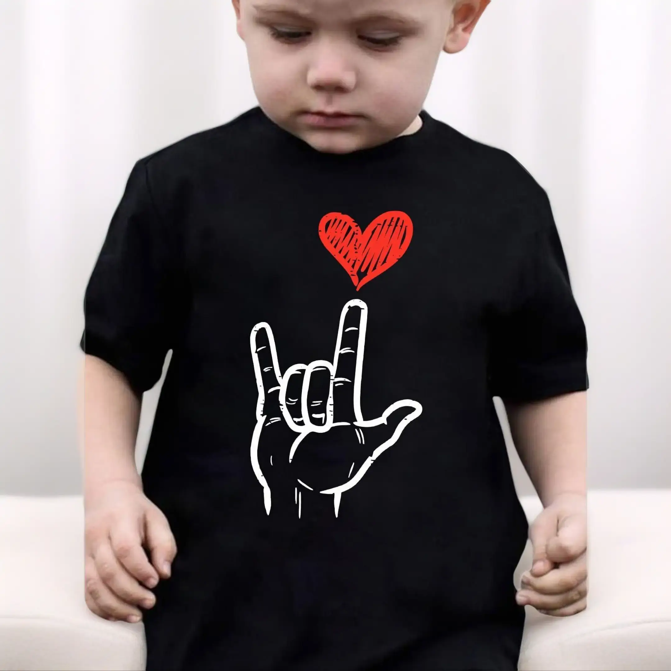 Boys' Short Sleeve T-Shirt with Heart Hands & Love Print - Summer Casual Round Neck Tee Suitable for, Cute Valentine's Day Outfit or Casual Attire, Cotton, Slight