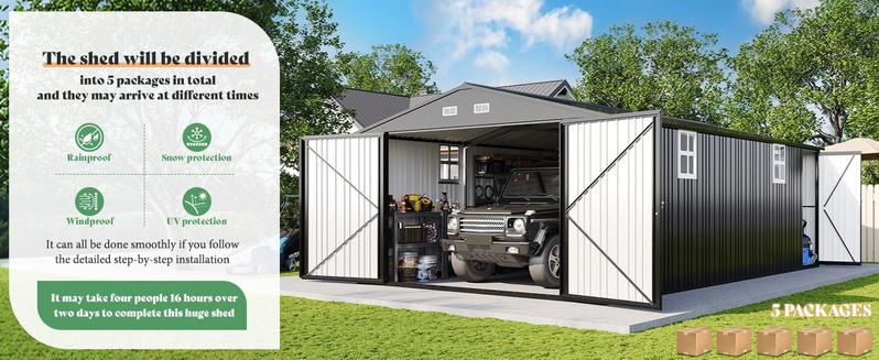 AMERLIFE Outdoor Storage Shed, Huge Metal Garage Shed with 2 Double Hinged Doors and 4 Windows, Carport for Car, Truck, Bike, Garbage Can and Lawnmower, Dark Grey/Best Gift Ideas/Christmas Gifts