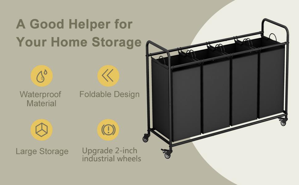 4 Bag Laundry Basket Sorter Cart with Storage Shelf Laundry Hamper with Rolling Wheels for Clothes Storage Laundry Organizer Large Capacity Multifunctional Household Metal Organizer