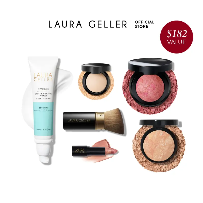 Laura Geller The Cult Classics Full Face Kit 6 PC - Spackle Primer, Kabuki Brush, Powder Foundation, Italian Marble Lipstick, Powder Highlighter, Powder Blush