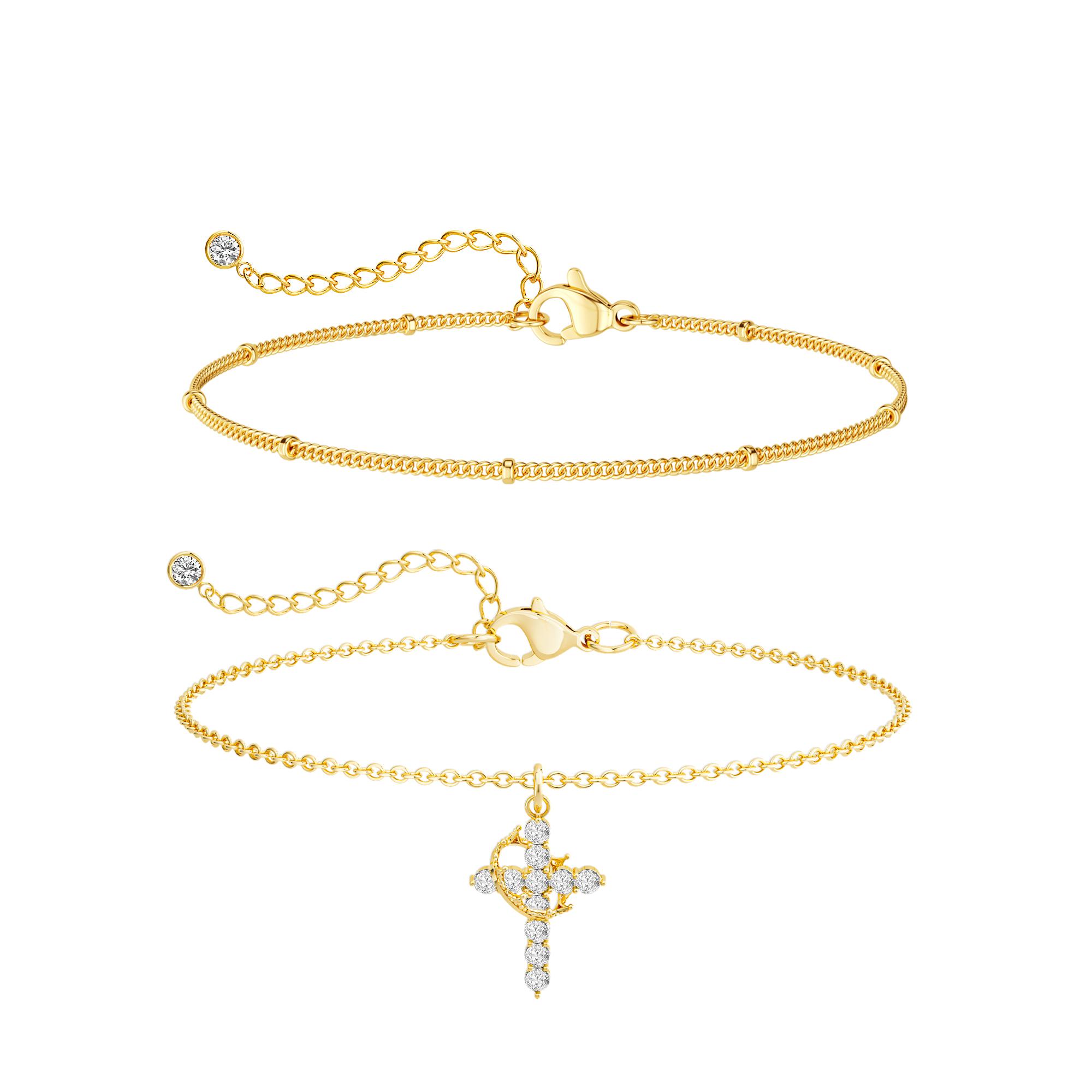 TEWIKY 14K Gold Plated Double-Layer Delicate Cross Pendant Bracelet, Elegant and Stylish Jewelry Gift for Women, Suitable for Any Occasion For Easter gifts