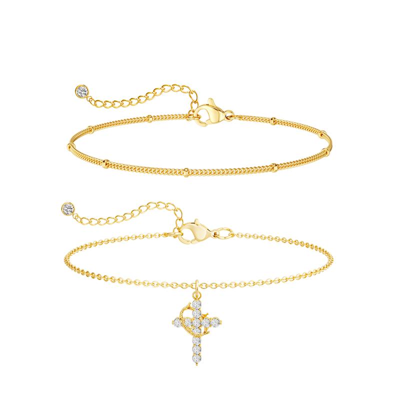 TEWIKY 14K Gold Plated Double-Layer Delicate Cross Pendant Bracelet, Elegant and Stylish Jewelry Gift for Women, Suitable for Any Occasion For Valentine's Day gifts