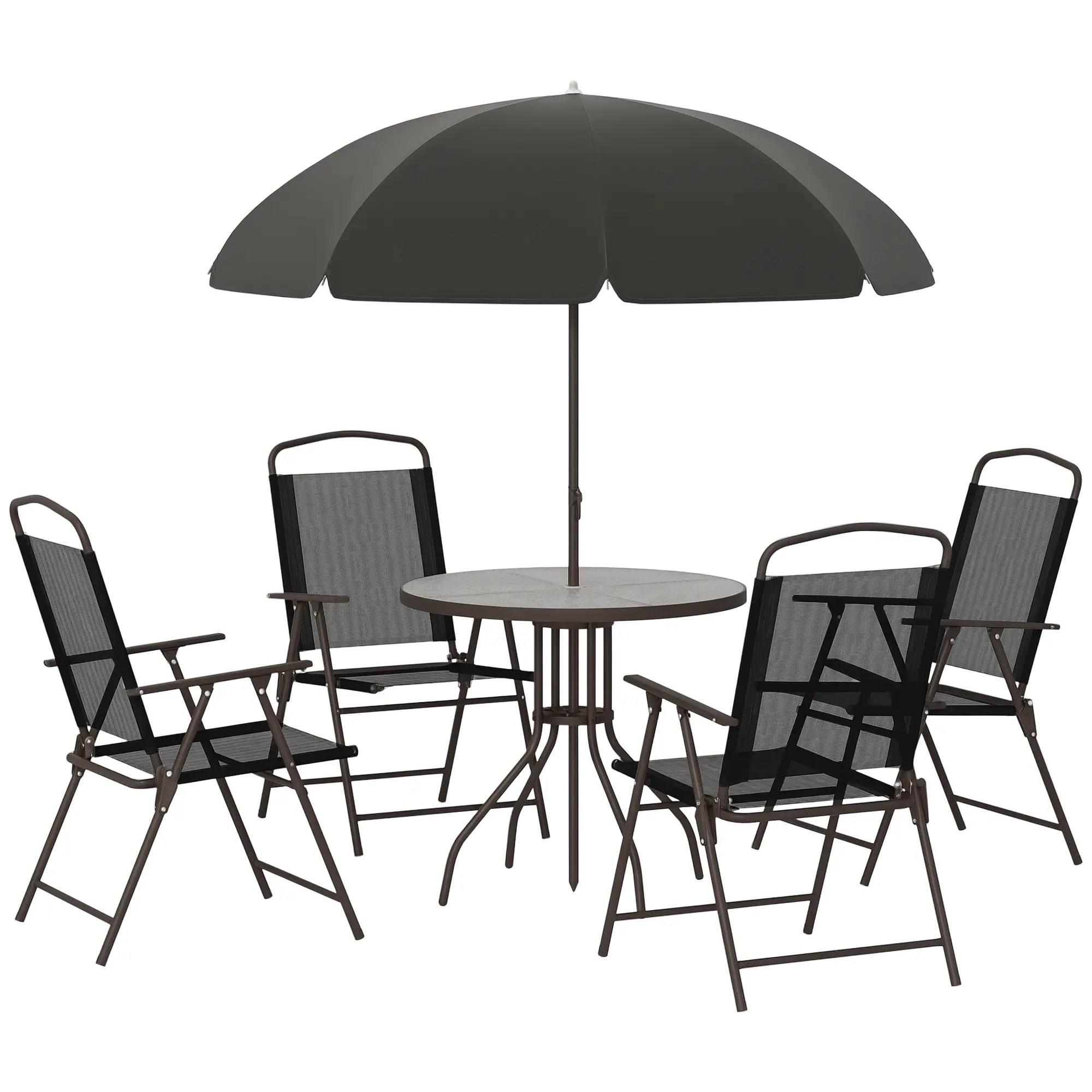 Outsunny Outdoor Furniture Set (Outdoorfurnitureset) - 6-Piece Garden Patio Round Tempered Glass Folding Dining Set, 4 Folding Chairs, Umbrella, 264 lbs. Chair Capacity for Garden, Backyard