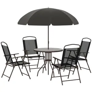 Outsunny 6 Piece Patio Dining Set for 4 with Umbrella, Outdoor Table and Chairs with 4 Folding Dining Chairs & Round Glass Table for Garden, Backyard and Poolside