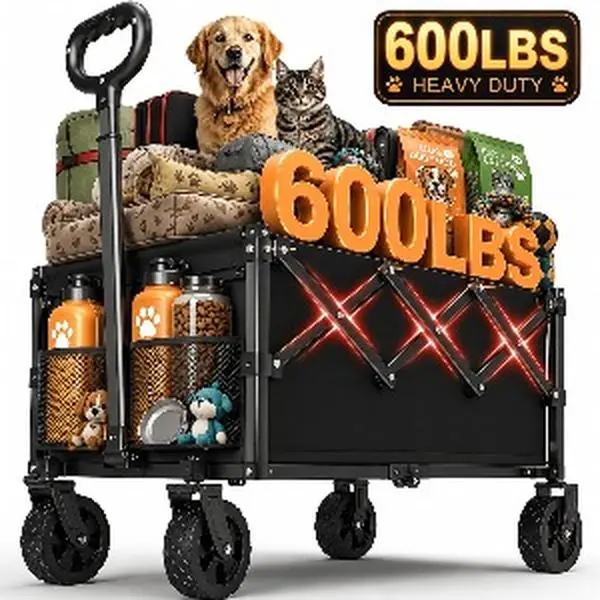 600 lbs Capacity Heavy-Duty Foldable Pet Stroller for Disabled Dogs, Extra-Large All-Terrain Multifunctional Cart with Cup Holder for Beach Use, Black (Fits Dogs & Cats)