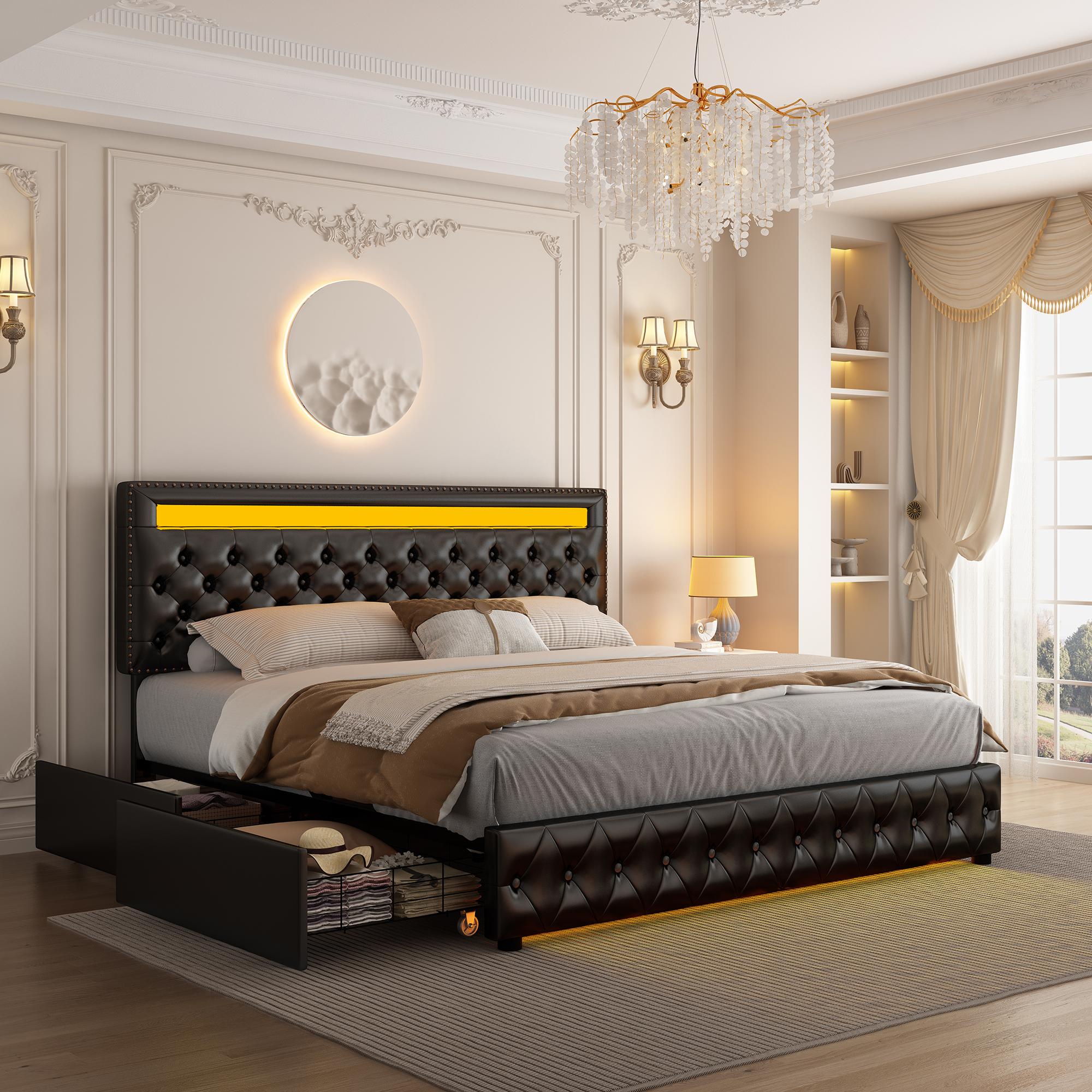 GEGOFORU LED Bed Frame King Size with Storage Drawers, Upholstered Modern Platform Bed, RGB Lights, No Box Spring Needed, Perfect Gift