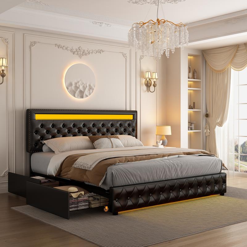 GEGOFORU LED Bed Frame King Size with Storage Drawers, Upholstered Modern Platform Bed, RGB Lights, No Box Spring Needed, Perfect Gift