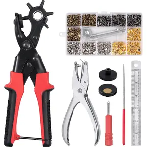Leather Hole Punch Set, 240 Pcs Leather Double Cap Rivets with Heavy Duty Punch Plier, Belt Hole Puncher Revolving Hole Punch Rivets Tool Kit for Belt Shoes Fabric