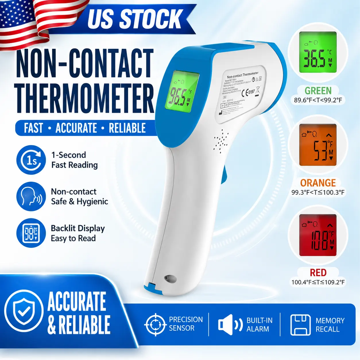 No-Touch Forehead Thermometer for Adults and Kids, Digital Thermometers with Fever Alarm, 3 Backlit and 12 Memories Fast Accurate Results, Easy for All Ages, Basal Thermometer