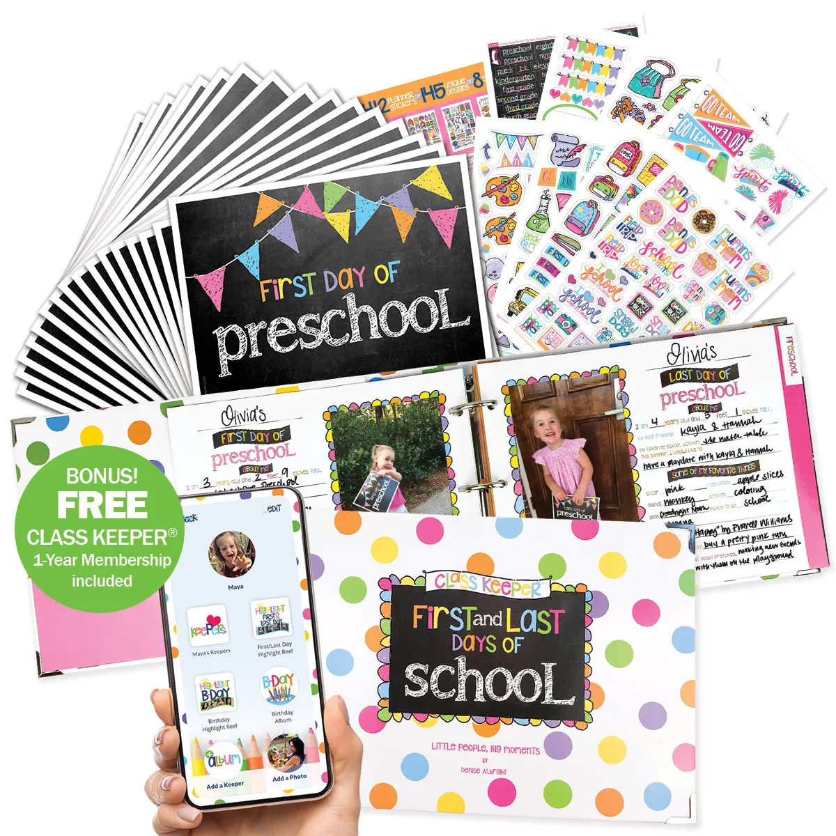 Mom Must-Have DIY School Keepsake Kit - Scrapbook Accessories, Photo Organizer, Class Keeper, Photo Prop Deck, Stickers + BONUS App Membership for 1st Day of School Crafts