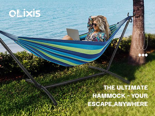 Double Hammock, Space-Saving Attached Carry Bag, Heavy-Duty Steel Frame, 450 Lb. Load Capacity, Easy To Assemble, For Patio, Park, Outdoors