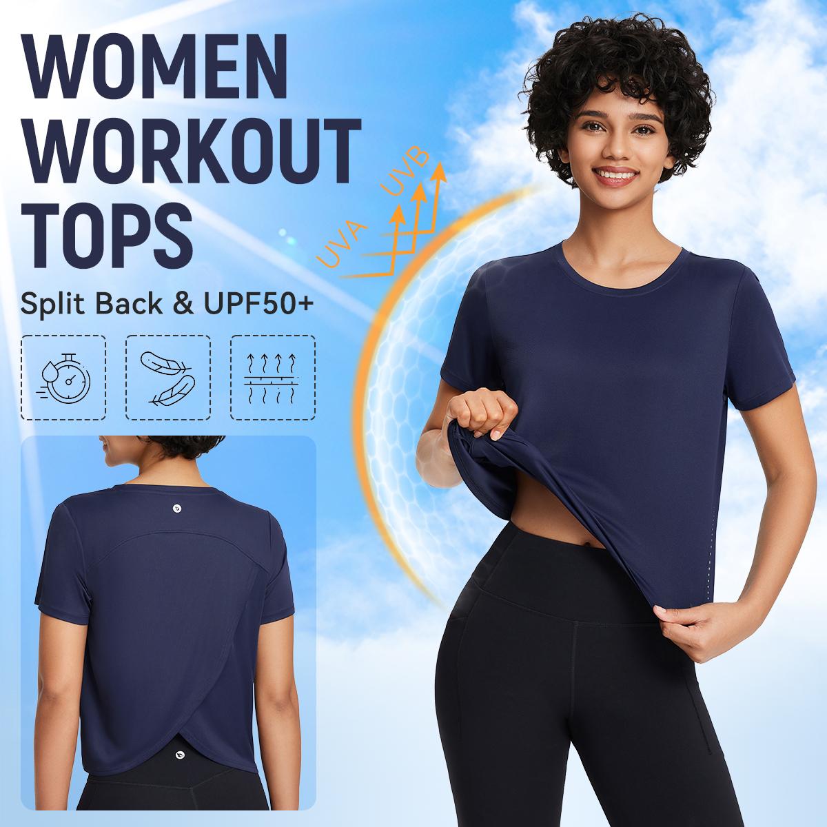 baleaf Women's Workout Tops Athletic Shirts Cropped Short Sleeve Split Back Running Gym Quick Dry Sun Protection UPF 50+