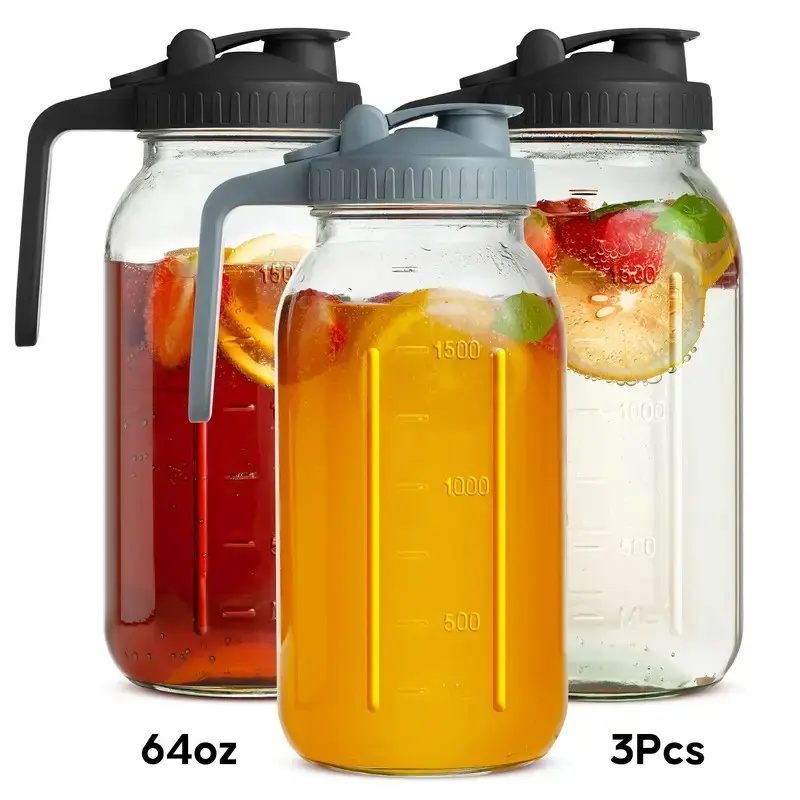 3PCS glass water kettle 64OZ, Mason jar water,  lid  spout, wide mouthed leak proof water kettle, cold water kettle, suitable for storing breast milk  juice, water, milk, tea, iced coffee  beverage set  scale Tumbler with and Straws Fall Themed oak sip,su