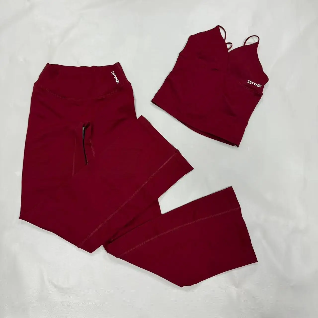 DFYNE Women's 2 Piece Seamless Ribbed Matching Workout Set - Padded V Neck Longline Tank Top with Built In Chest Pad & V Waist High Rise Flare Leggings, Buttery Soft Tummy Control Squat Proof Athleisure Activewear Sets